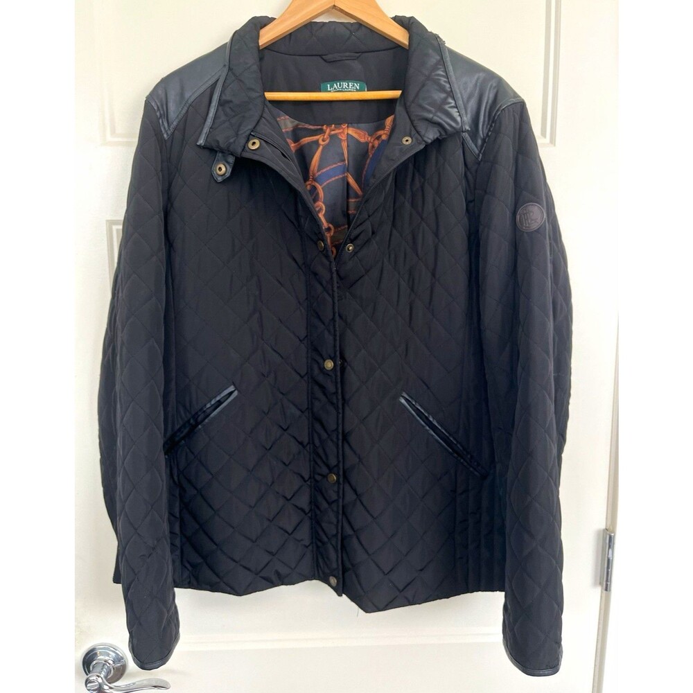 Lauren Ralph Lauren Black Quilted Barn Jacket Faux Leather Trim RN 41381 Size L